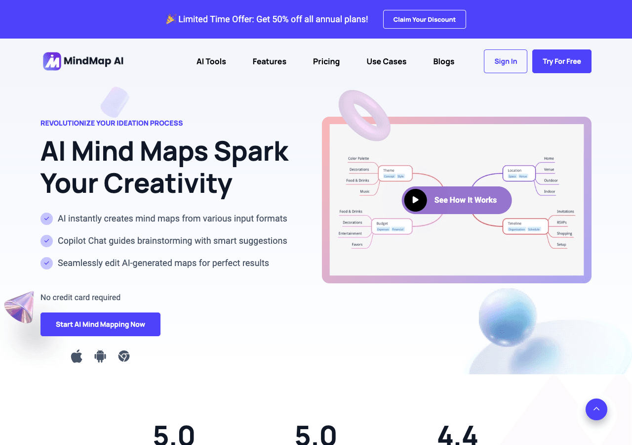 MindMap AI Productivity & Collaboration showing Productivity & Collaboration - Create instant AI-powered mind maps on any dev