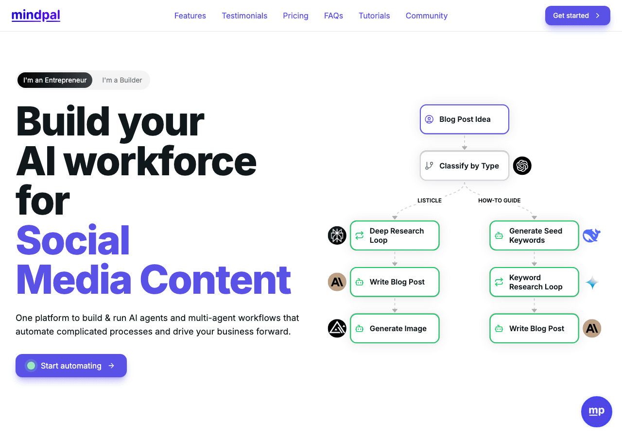 MindPal Conversational AI showing Conversational AI - Build AI Workflows That Save 40+ Hours/Week