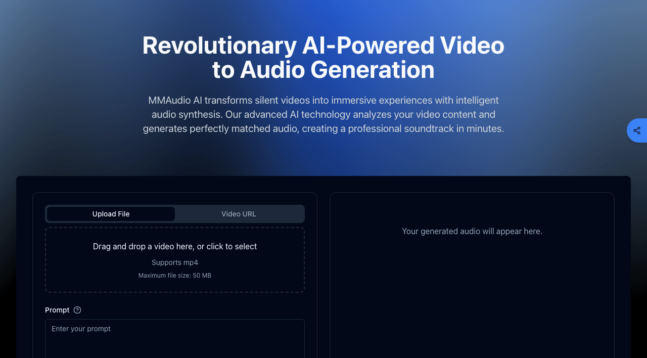 MMAudio AI Audio Generation showing Audio Generation - Transform your videos with AI-generated, perfectly synchronized audio