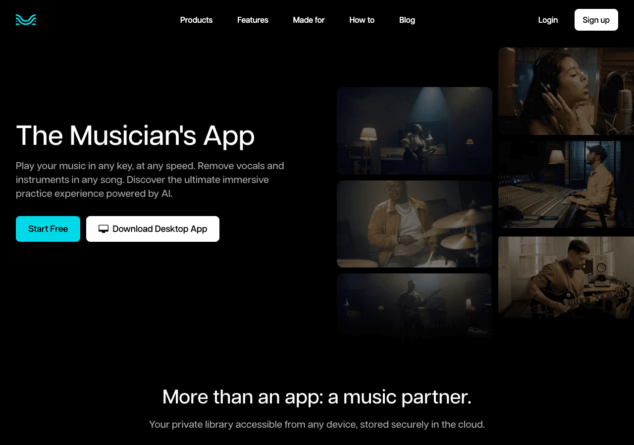 Moises Audio Editing showing ai music platform - The Musician's AI App