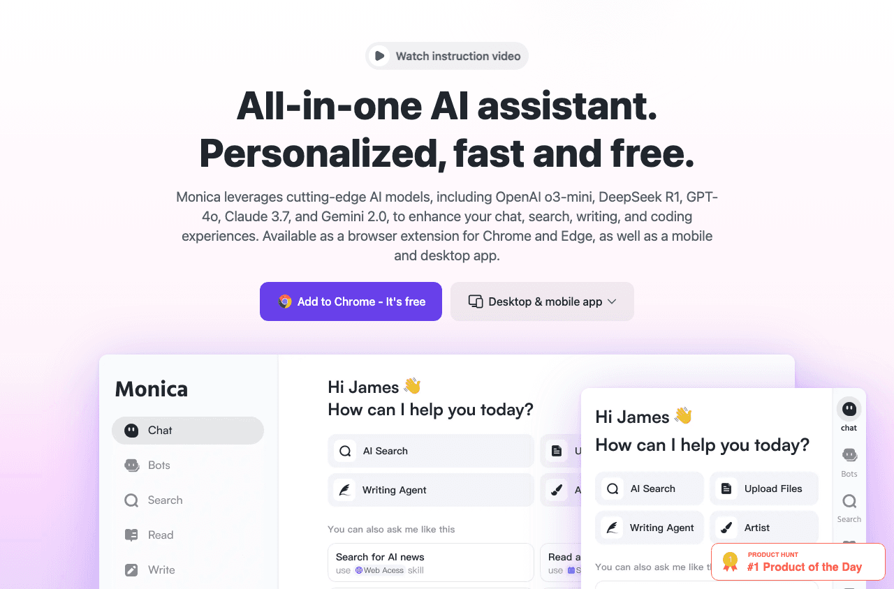 Monica – ChatGPT AI Assistant Conversational AI showing ai assistant - All-in-one AI assistant. Personalized, fast and free.
