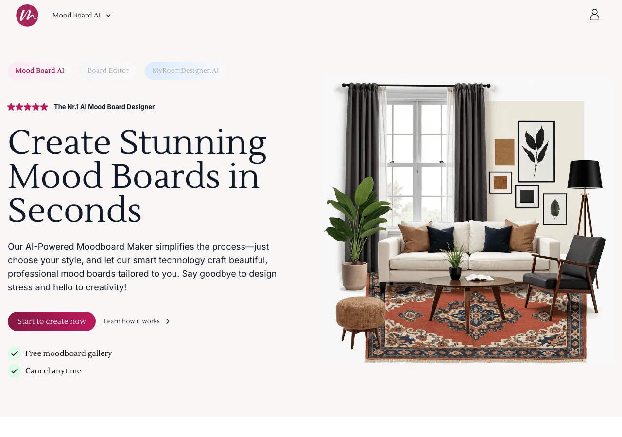 MoodBoardly Design showing Design - Effortlessly create and customize AI-powered mood boards for any creative vision.