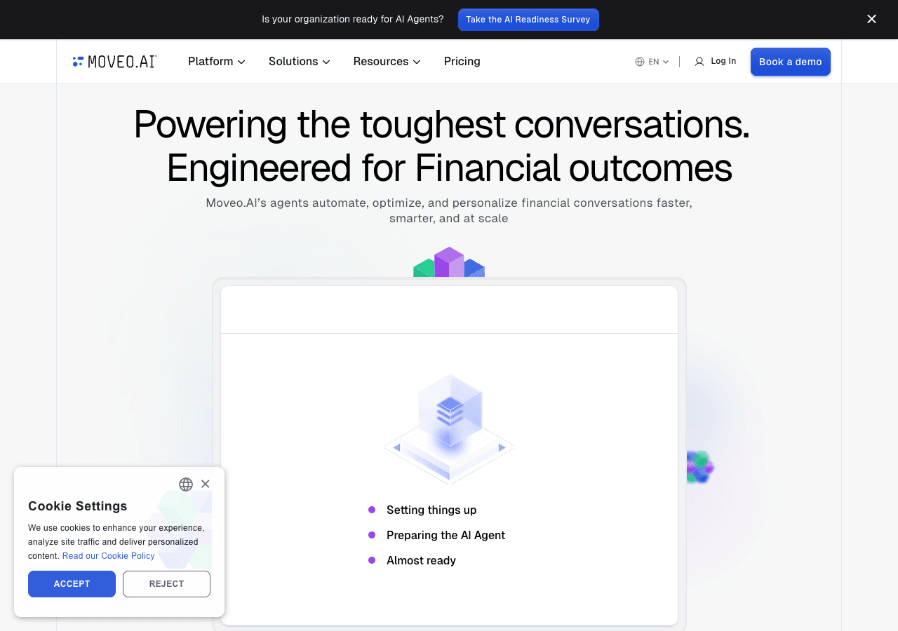 Moveo.AI Conversational AI showing Conversational AI - AI agents for high‑stakes financial conversations