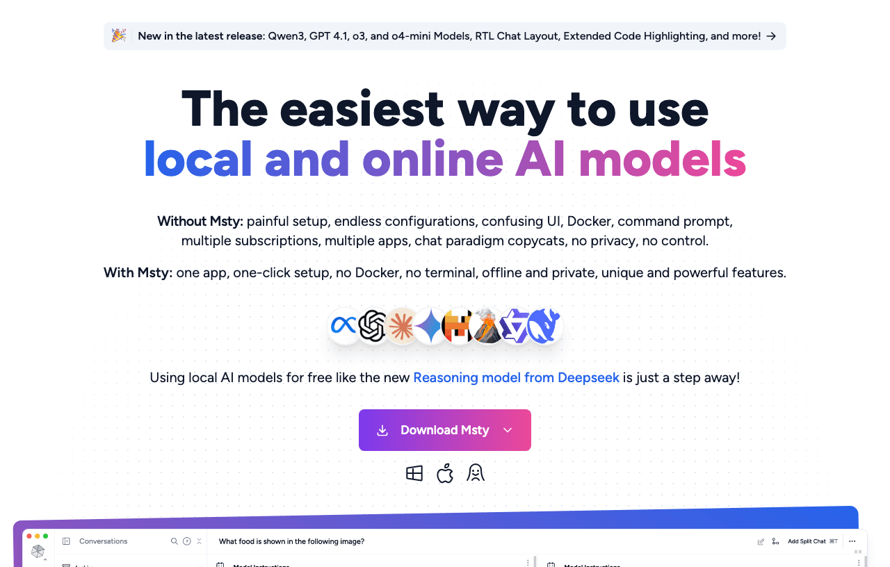 Msty Conversational AI showing Conversational AI - Unleash the power of AI for your creative projects