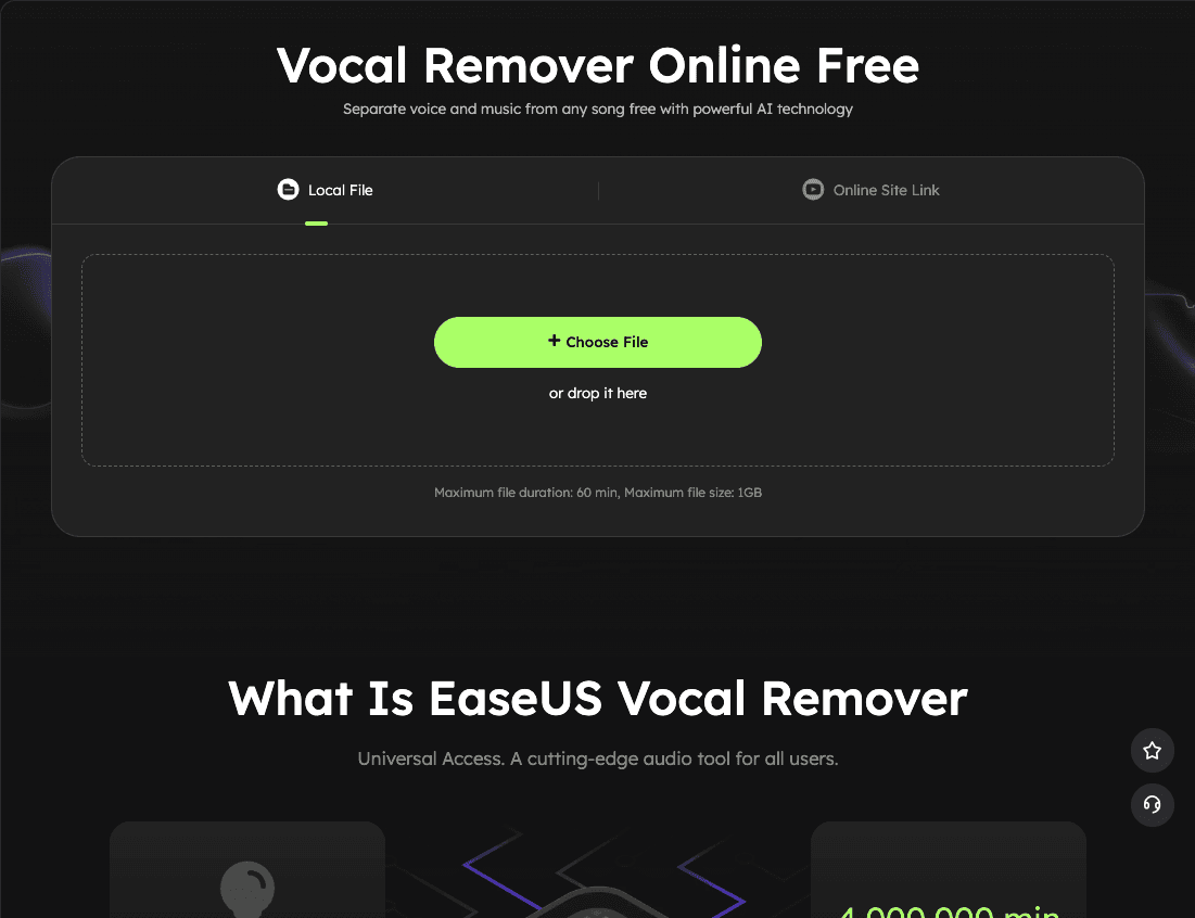 EaseUS Vocal Remover Audio Editing showing ai vocal remover - AI-Powered Vocal Remover: Extract Vocals, Create Karaoke & Isol