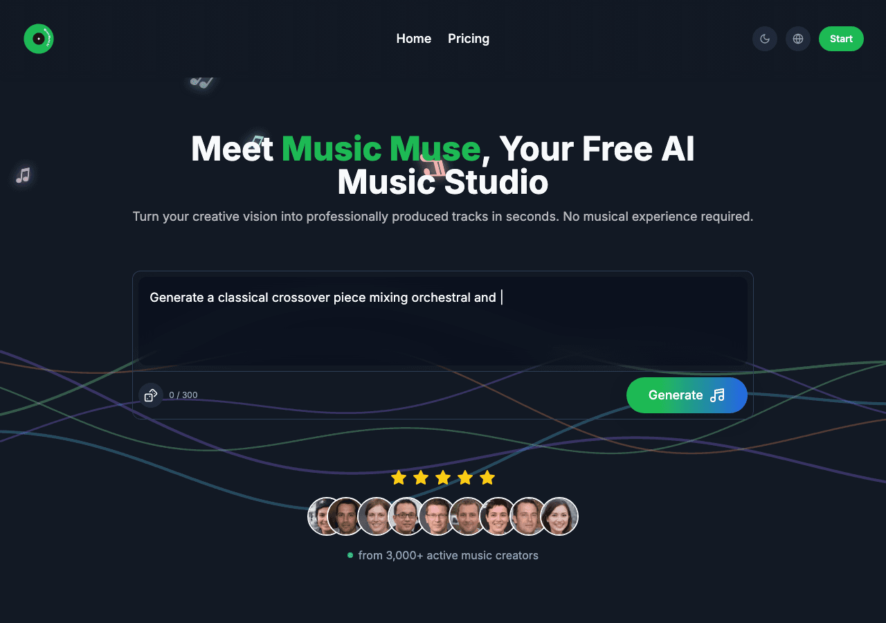 Music Muse AI Music Generation showing ai music generation - Transform your ideas into songs instantly with AI-powered music