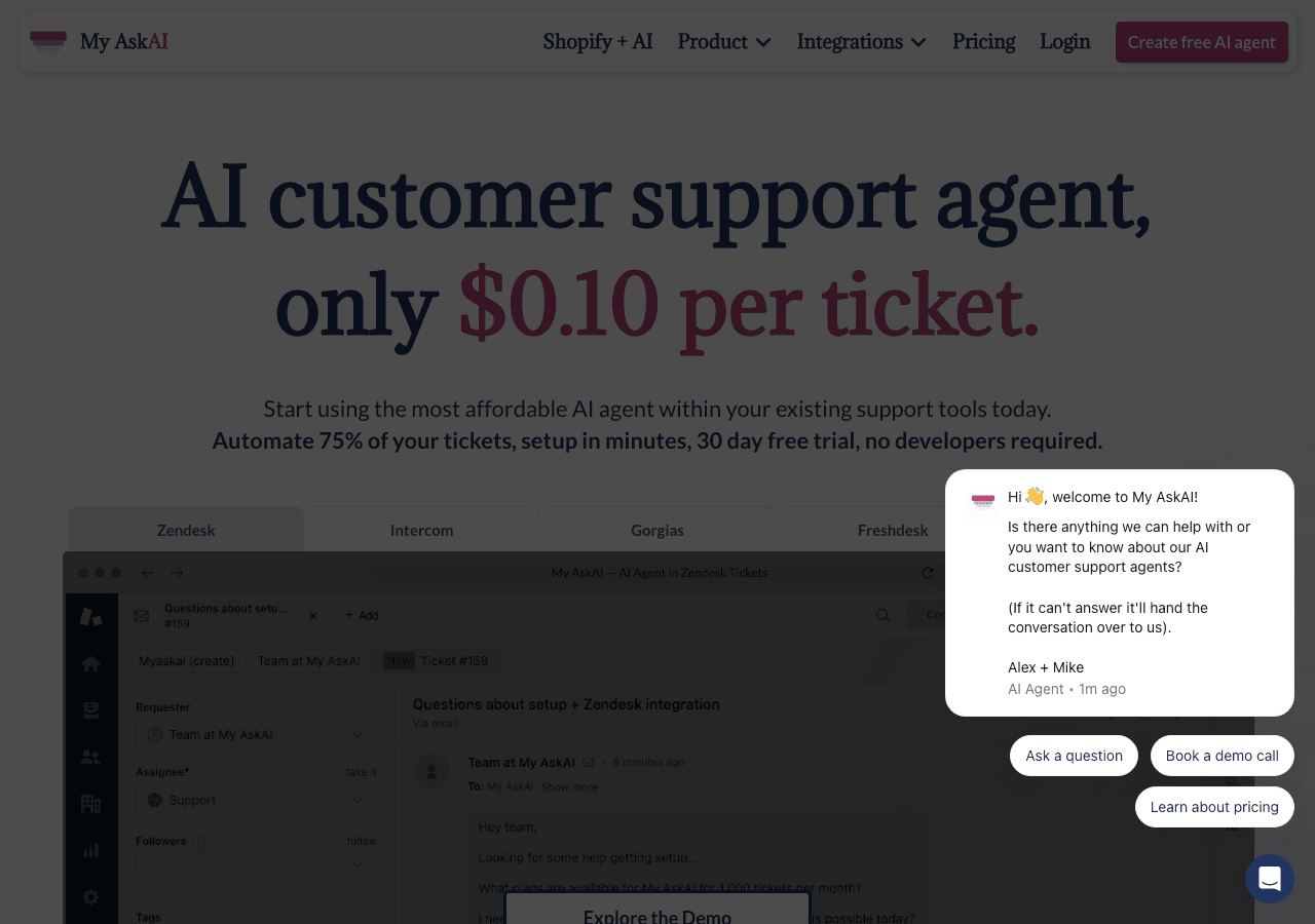 My AskAI Conversational AI showing Conversational AI - Your no-code AI agent for instant customer support and workflow automa