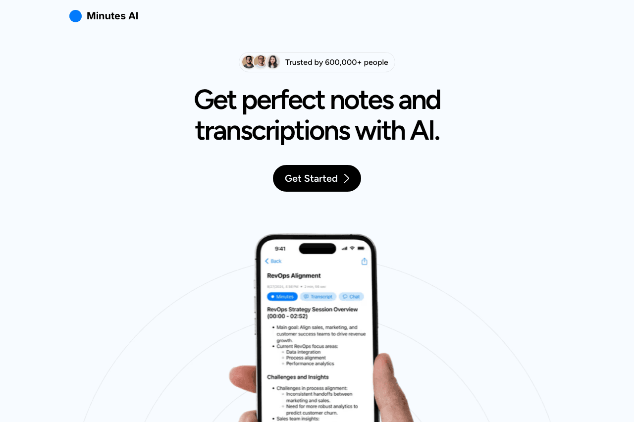Minutes AI Conversational AI showing Conversational AI - Automate meeting and lecture notes with AI-powered transcription, su