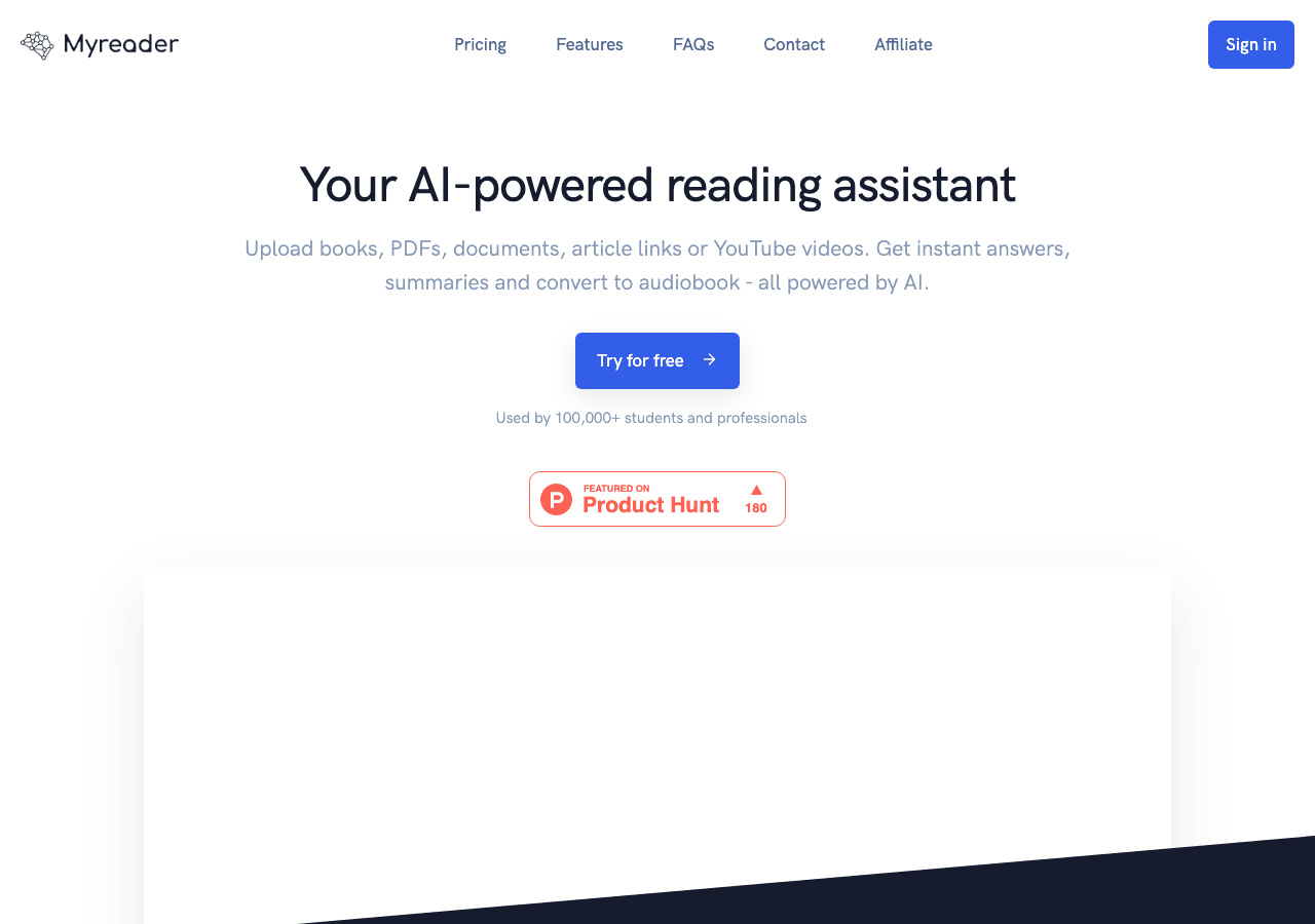Myreader AI Conversational AI showing Conversational AI - Transform how you read, research, and learn with AI-powered feature