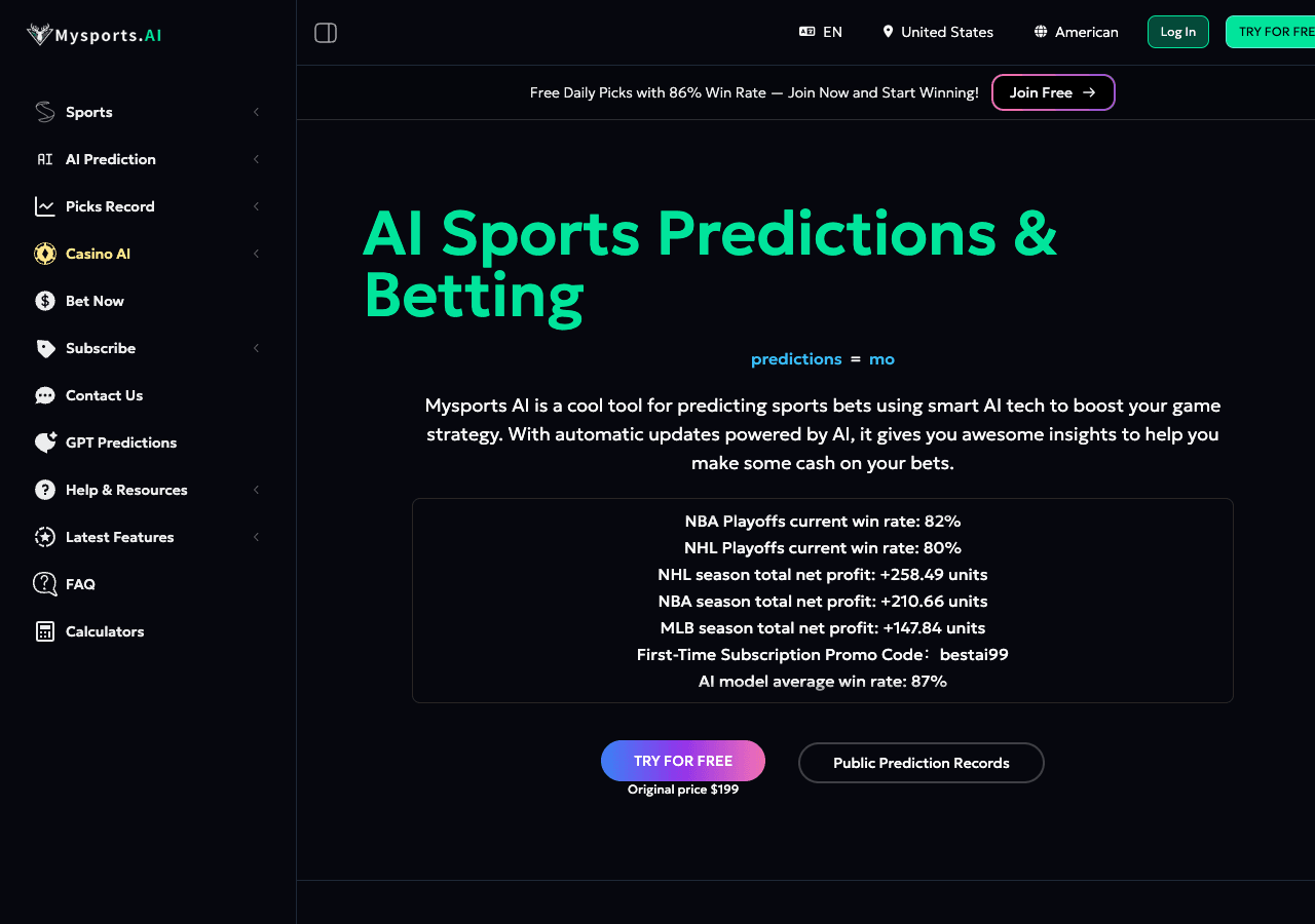 Mysports AI Data Analytics showing Data Analytics - AI-Powered Sports Betting Predictions