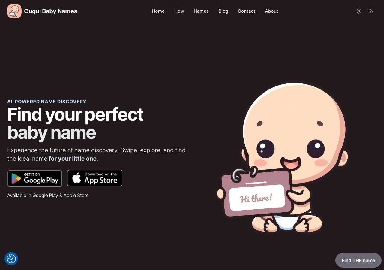 Cuqui Baby Names Conversational AI showing Conversational AI - Swipe the perfect name—AI-powered baby naming for couples