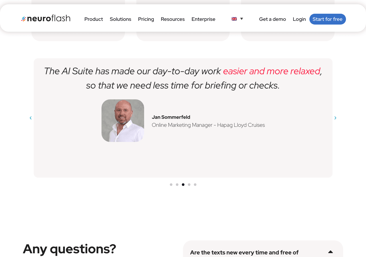 Neuroflash Writing & Translation showing Writing & Translation - Illuminate your data with Neuroflash