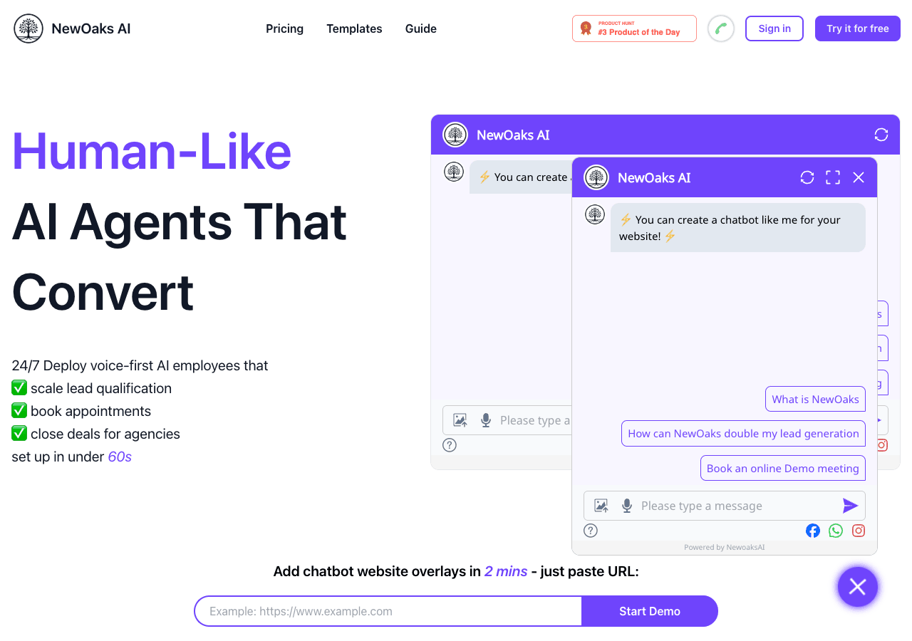 NewOaks AI Conversational AI showing Conversational AI - Convert Inquiries to Appointments in 60 Seconds - 24/7