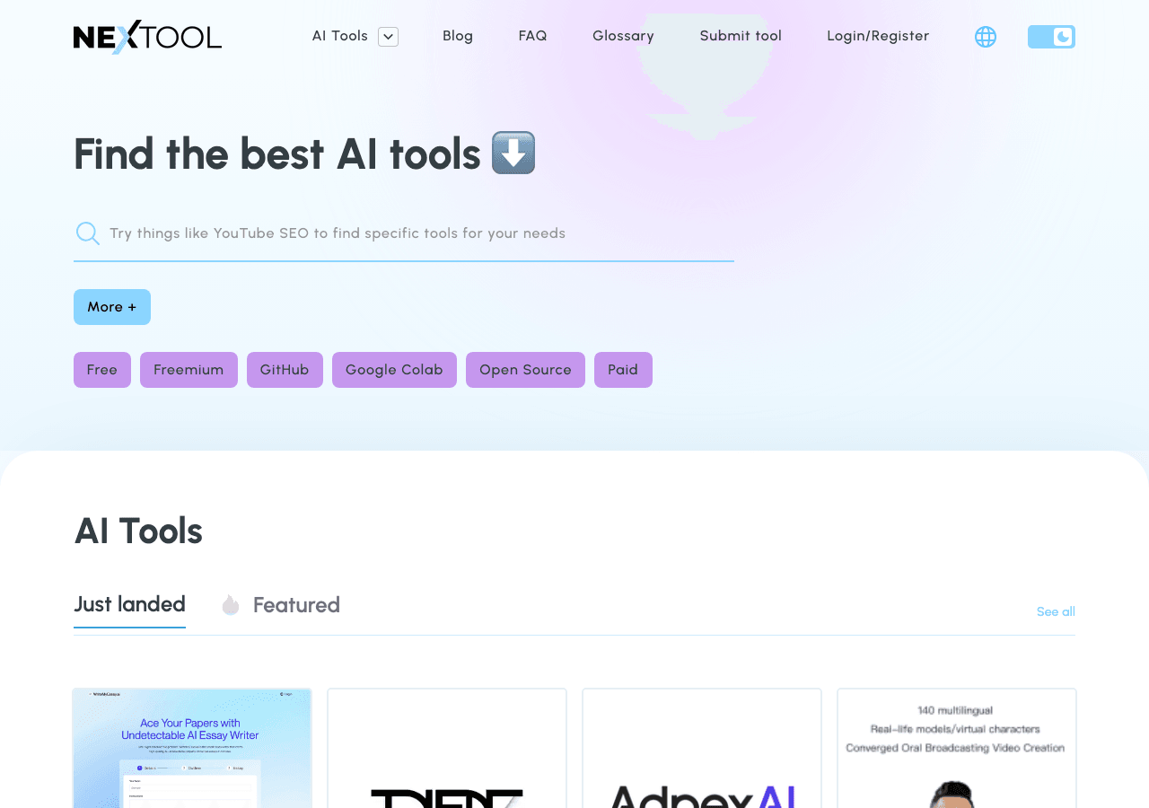 NEXTOOL AI Search & Discovery showing Search & Discovery - Your compass in the AI tool universe