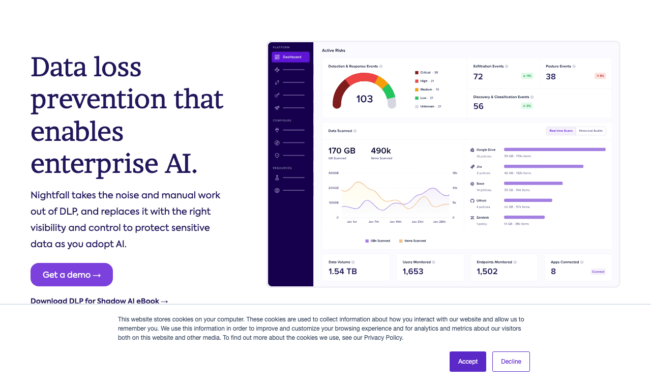 Nightfall AI Data Analytics showing Data Analytics - DLP for the AI Era