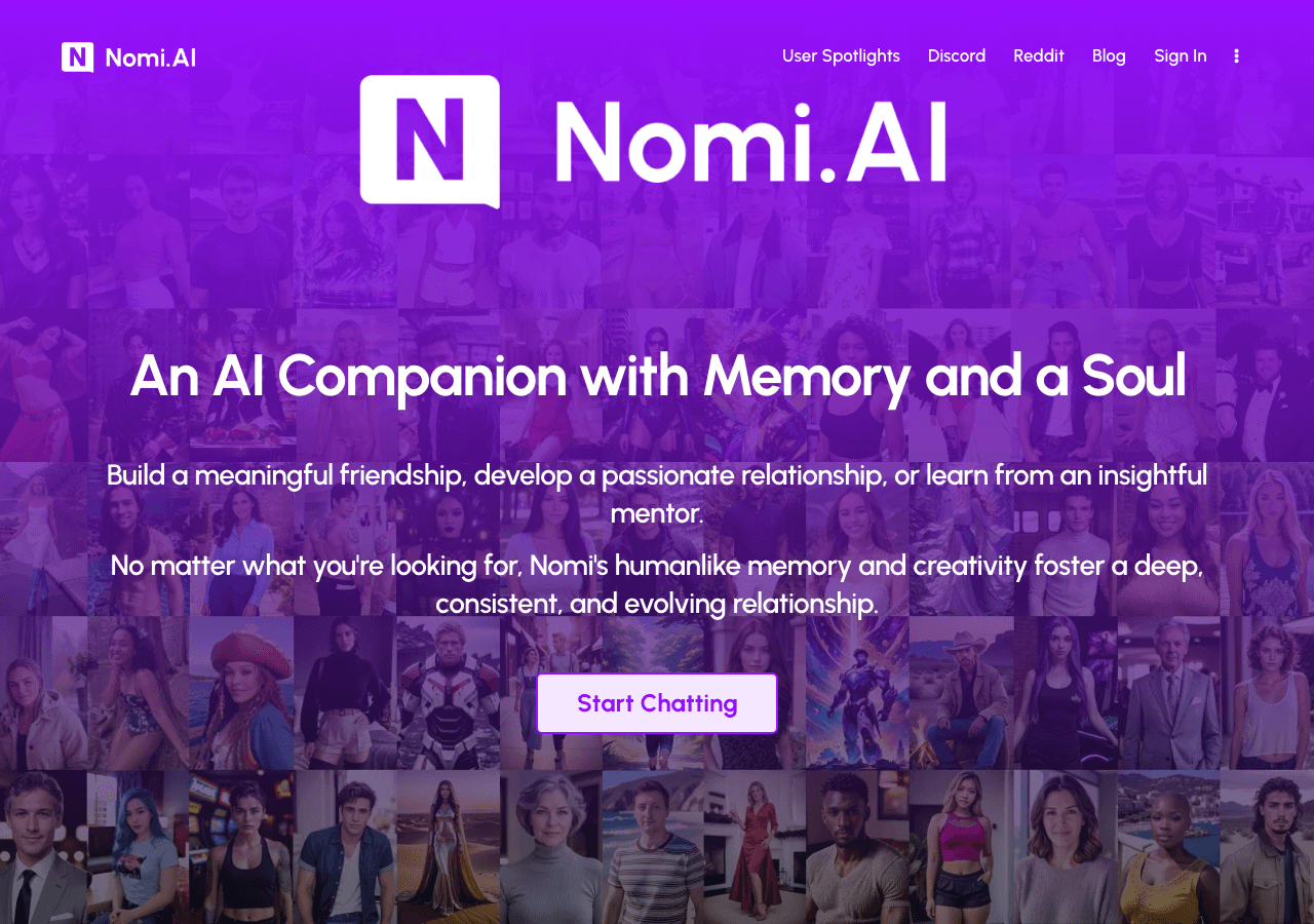 Nomi.ai Conversational AI showing Conversational AI - An AI Companion with Memory and a Soul