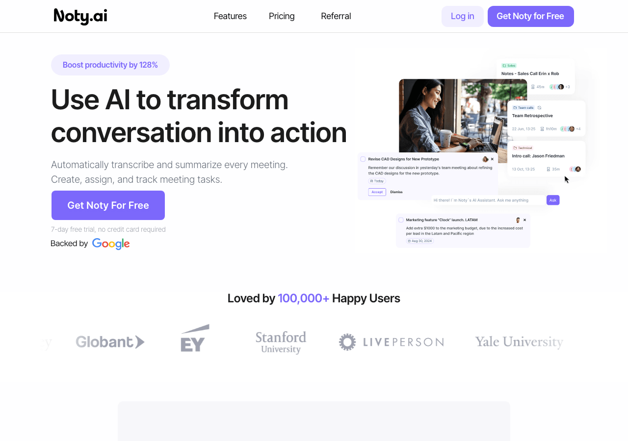 Noty.ai Productivity & Collaboration showing Productivity & Collaboration - Transform conversation into action