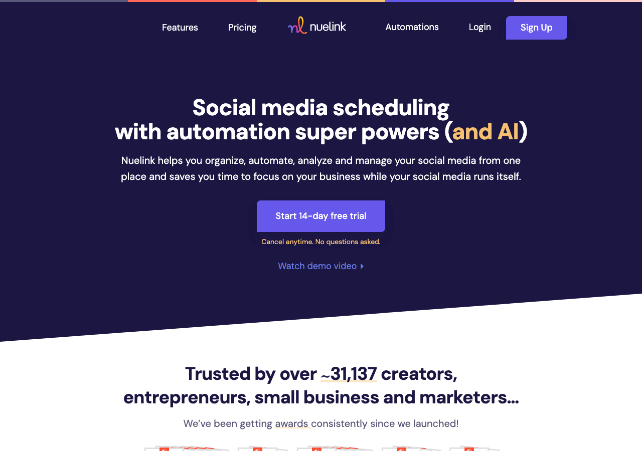 Nuelink Marketing Automation showing Marketing Automation - Automate. Analyze. Grow your social presence with AI.
