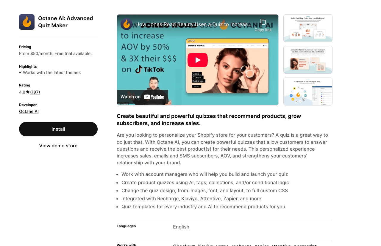 Octane AI Marketing Automation showing Marketing Automation - Boost sales with conversational commerce