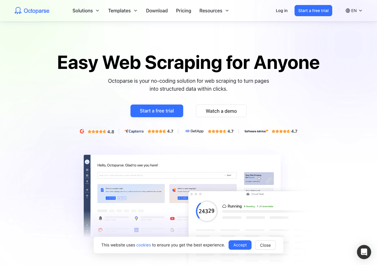 Octoparse Data Analytics showing Data Analytics - Turn web data into visualizations
