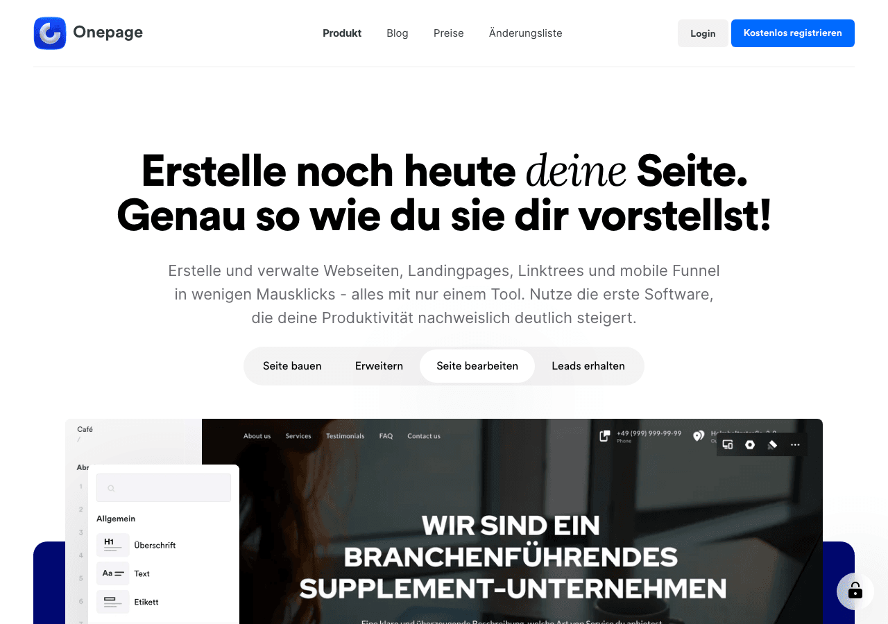 Onepage Design showing Design - Create beautiful one-page websites effortlessly