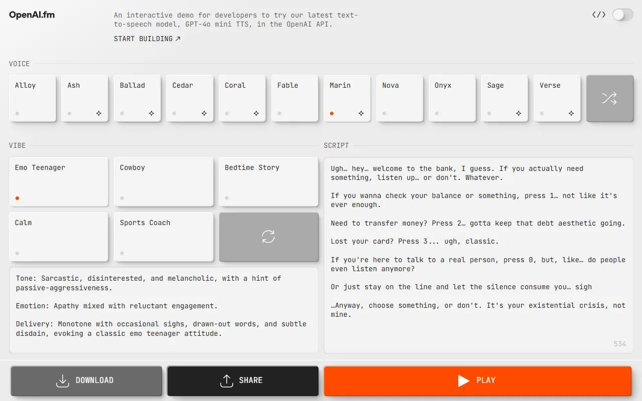 OpenAI.fm Audio Generation showing text to speech - An interactive demo of OpenAI's text-to-speech API
