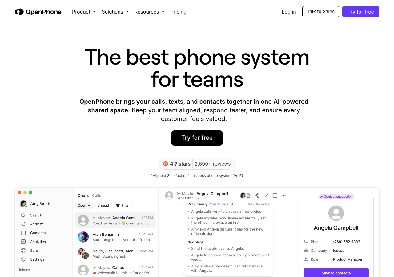 OpenPhone Productivity & Collaboration showing Productivity & Collaboration - AI business phone for modern teams