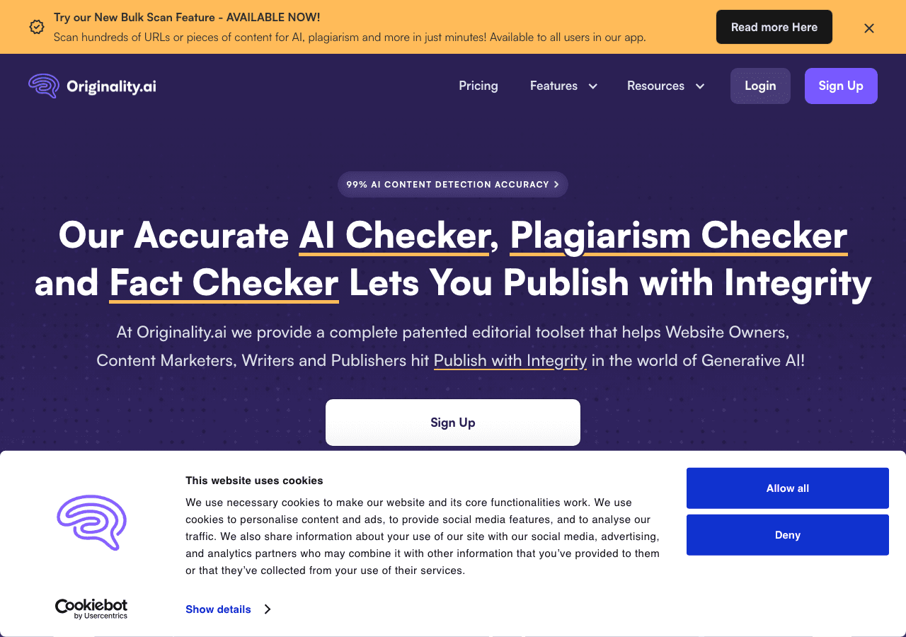 Originality.ai Writing & Translation showing ai content detection - AI Content Integrity, Plagiarism Detection & Predictive S