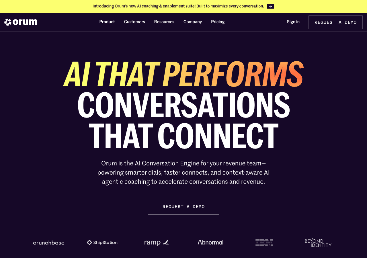 Orum Conversational AI showing Conversational AI - Connect More. Sell Faster.