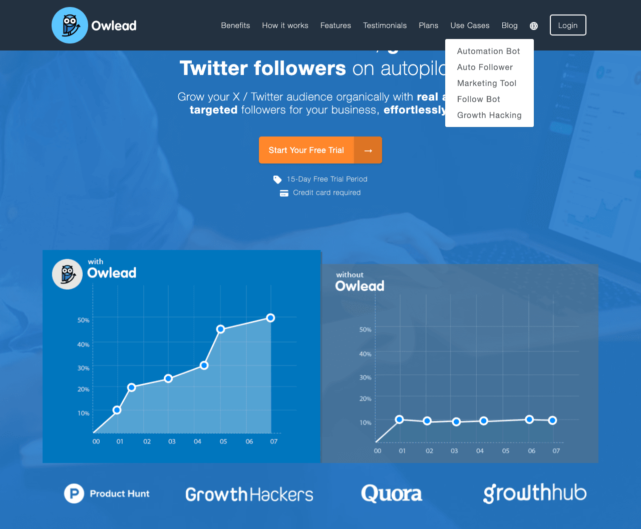 Owlead Marketing Automation showing Marketing Automation - Effortlessly grow your X (Twitter) audience with real, targeted fo