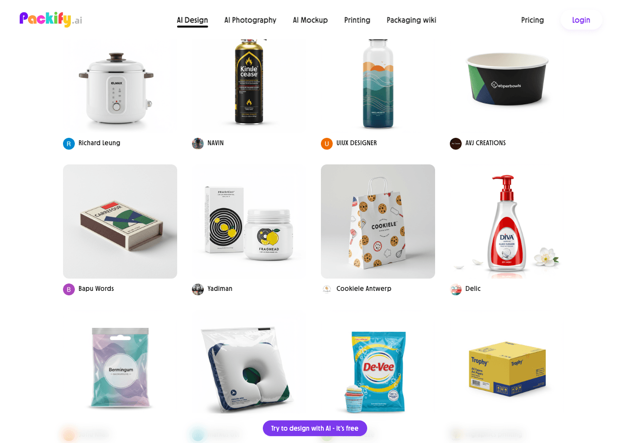 Packify.ai Design showing Design - Create powerful packaging designs in seconds, powered by AI