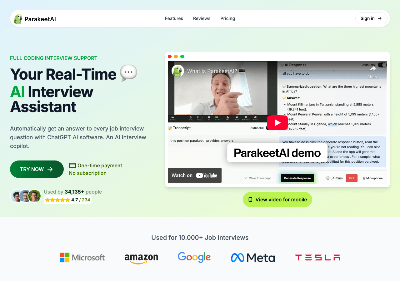 ParakeetAI Conversational AI showing Conversational AI - Your invisible AI copilot for job interviews—tailored, real-time ans