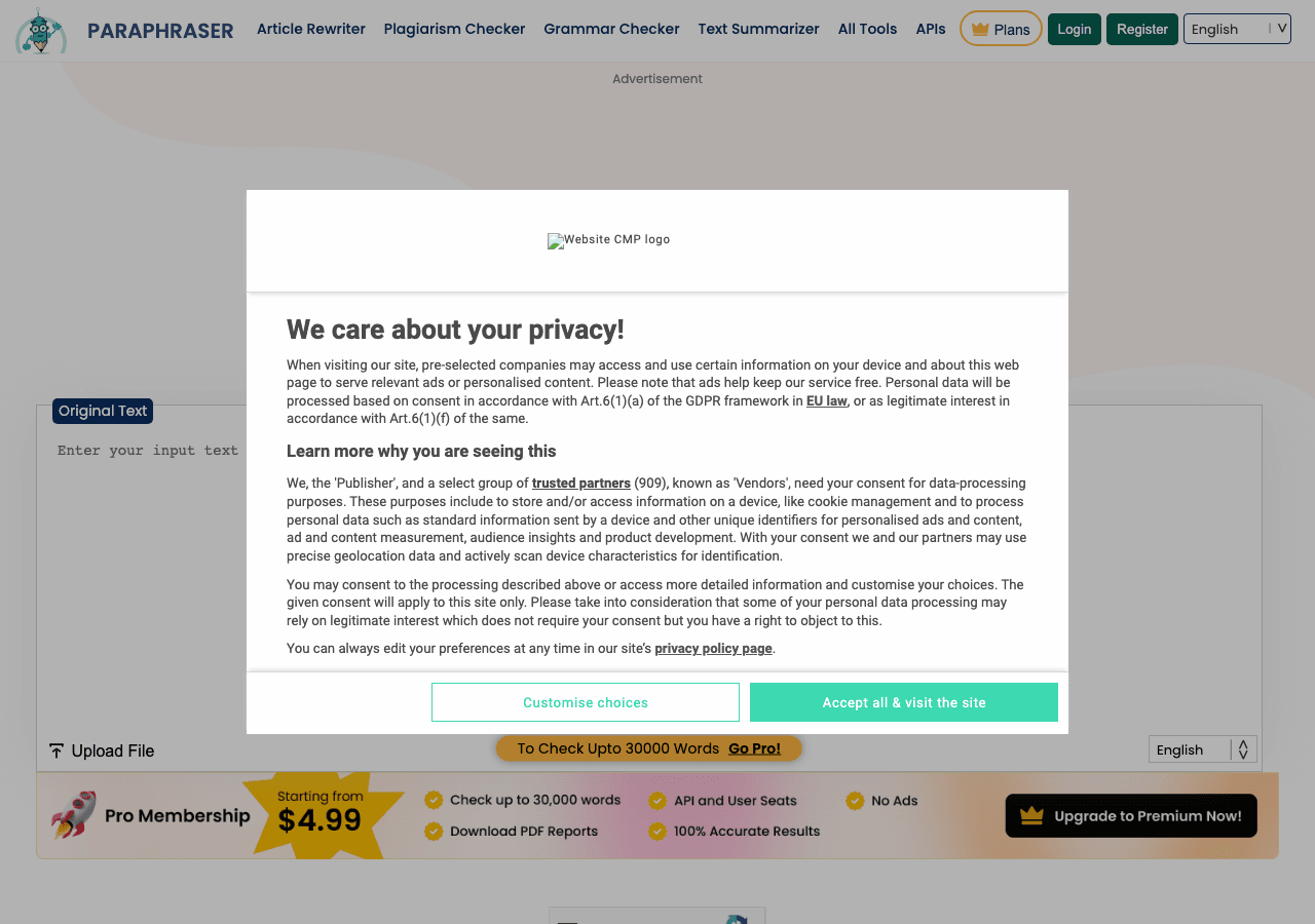 Paraphraser.io Writing & Translation showing Writing & Translation - Enhance your writing with ease