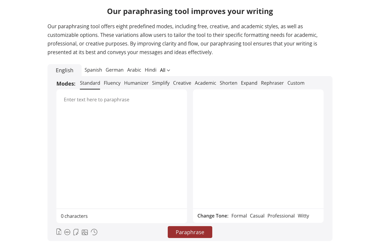 Paraphrasing Tool Writing & Translation showing Writing & Translation - Transforming your words with precision