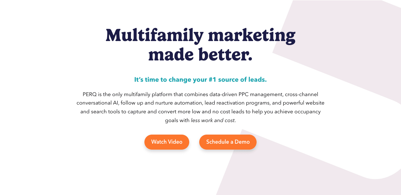 PERQ Conversational AI showing Conversational AI - The AI marketing platform for multifamily: automate, personalize, and grow