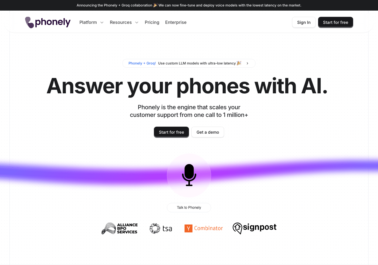 Phonely AI Conversational AI showing Conversational AI - Voice AI for Support and Sales Calls