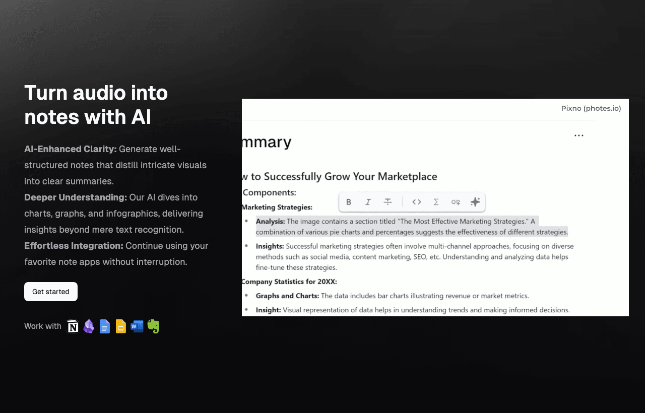 Pixno Productivity & Collaboration showing Productivity & Collaboration - Turn any photo, doc, or audio into structured notes