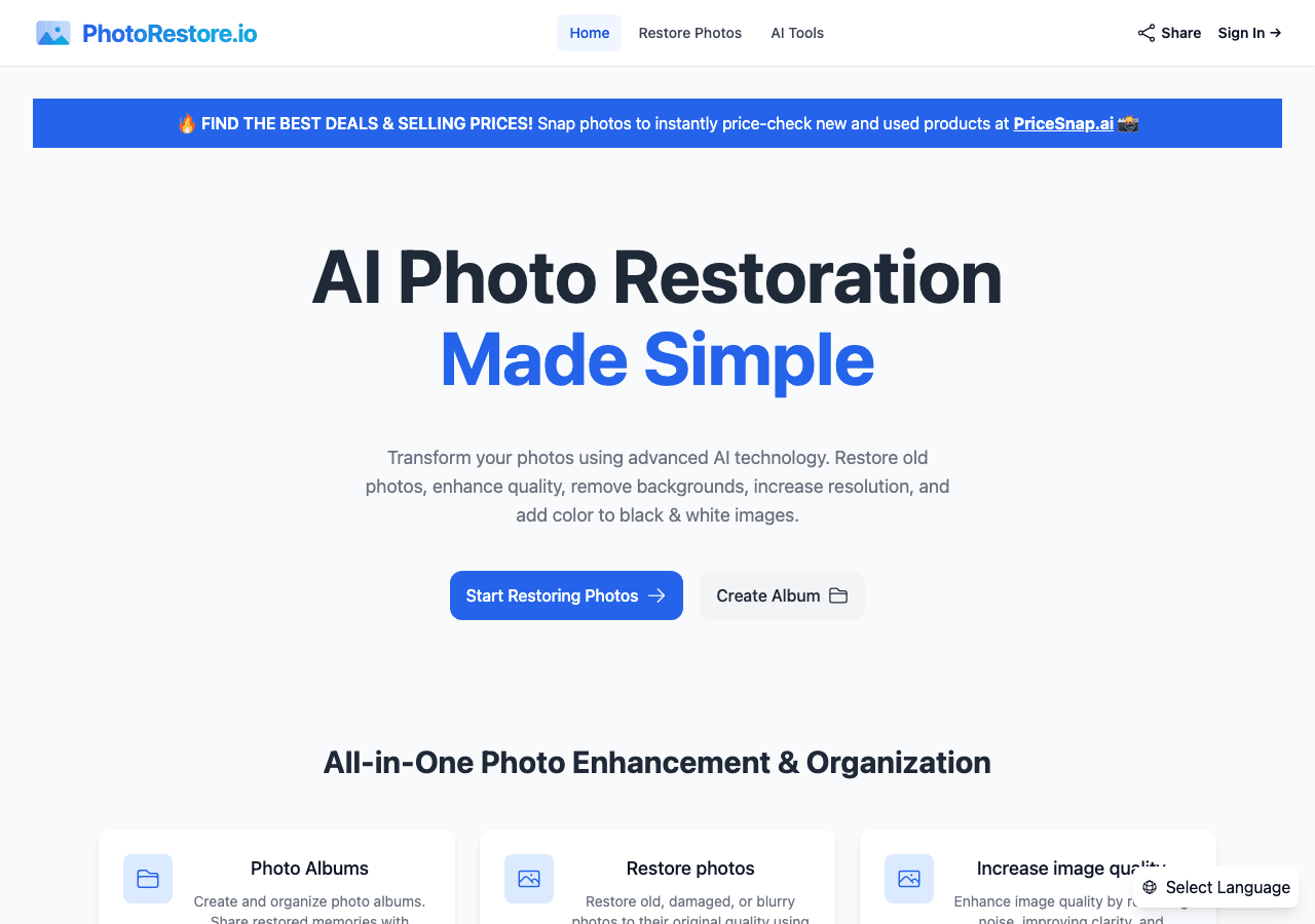 PhotoRestore.io Image Generation showing Image Generation - Transform and restore your old photos with advanced AI—no account