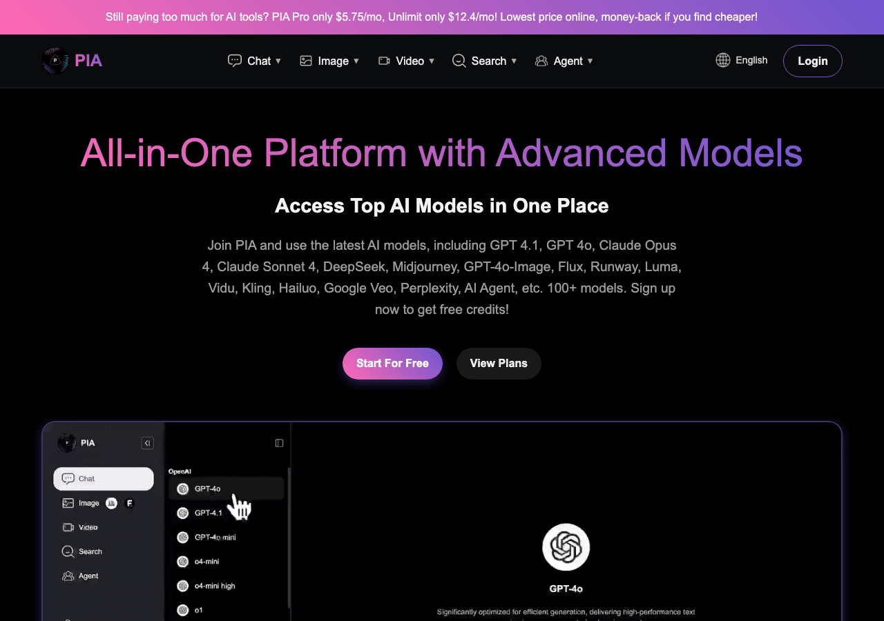 PIA (Personal Intelligence Assistant) Conversational AI showing Conversational AI - One-Stop AI Chat, Image & Video Platform