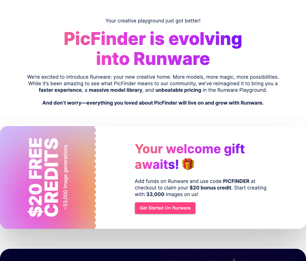 PicFinder.AI Image Generation showing Image Generation - Transform words into stunning images with AI — unlimited, fast, and