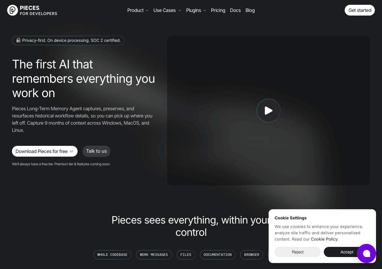 Pieces for Developers Code Assistance showing Code Assistance - Persistent Context. Effortless Coding.