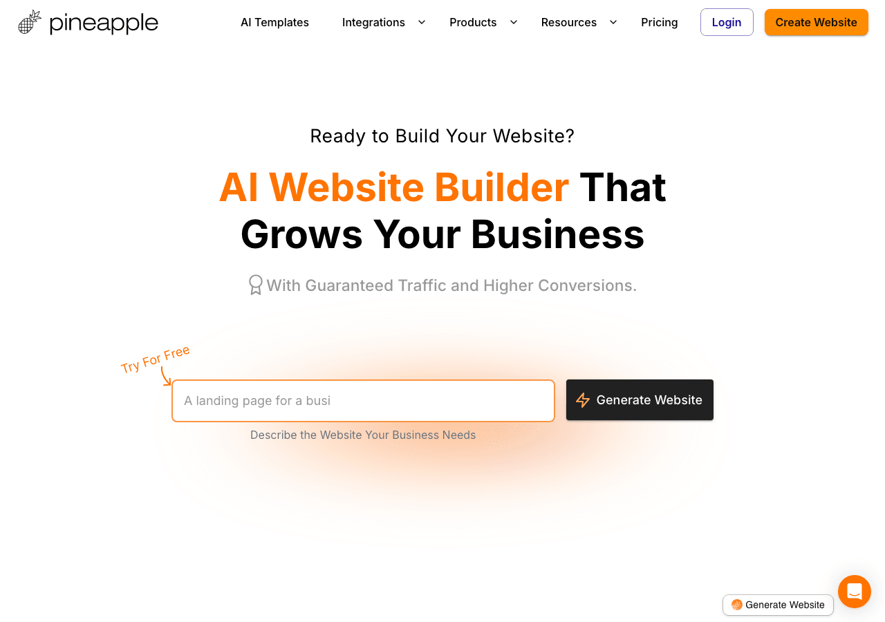 Pineapple Builder Design showing Design - Build Stunning Websites in Minutes with AI
