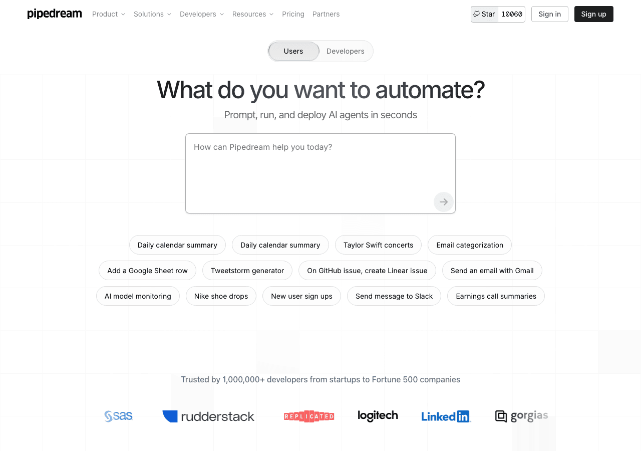 Pipedream Code Assistance showing automation - Connect your apps, data, and APIs
