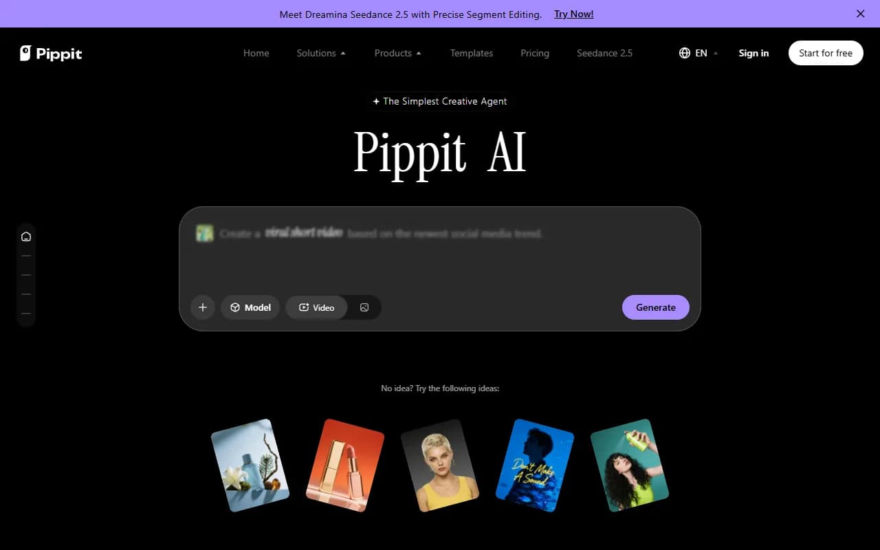 Pippit AI Video Generation showing ai video generator - Your Smart Creative Agent