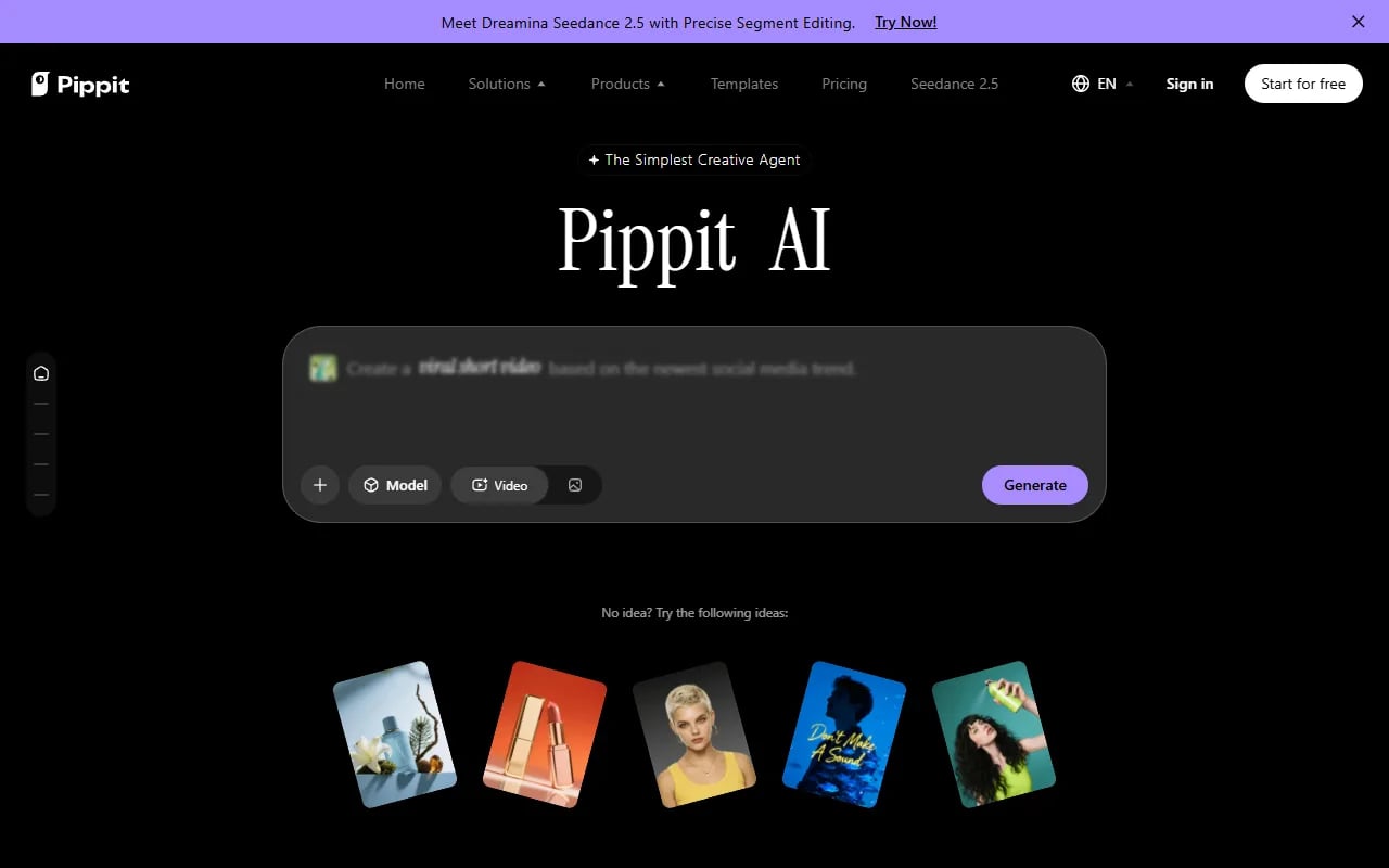 Pippit AI Video Generation showing Video Generation - Your Smart Creative Agent