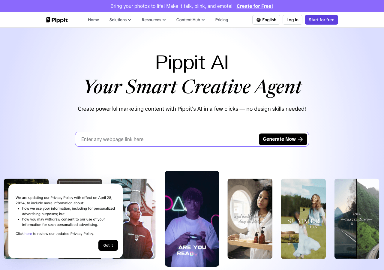 Pippit AI Video Generation showing Video Generation - Your Smart Creative Agent