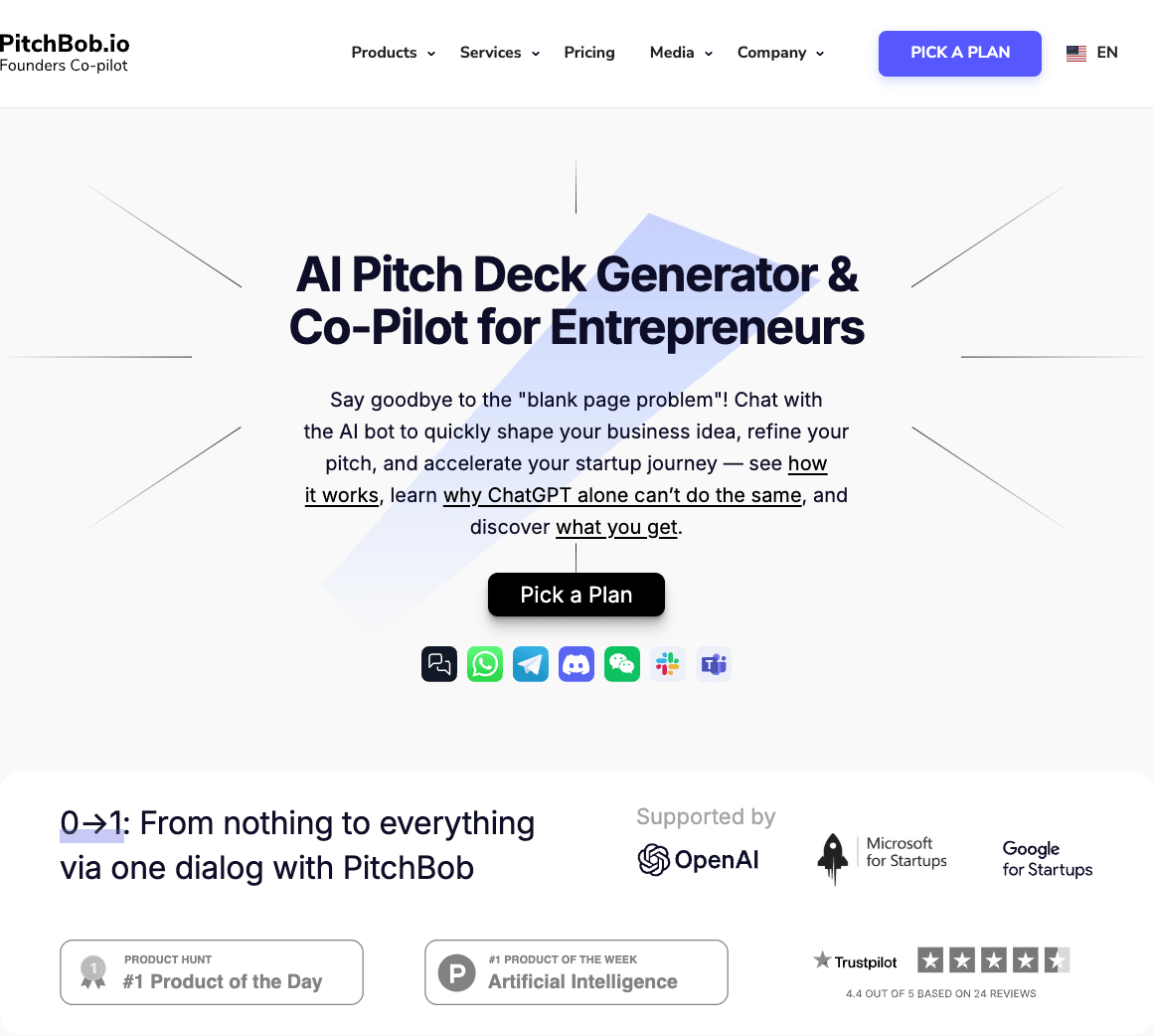 PitchBob.io Productivity & Collaboration showing Productivity & Collaboration - Build your best pitch deck with AI