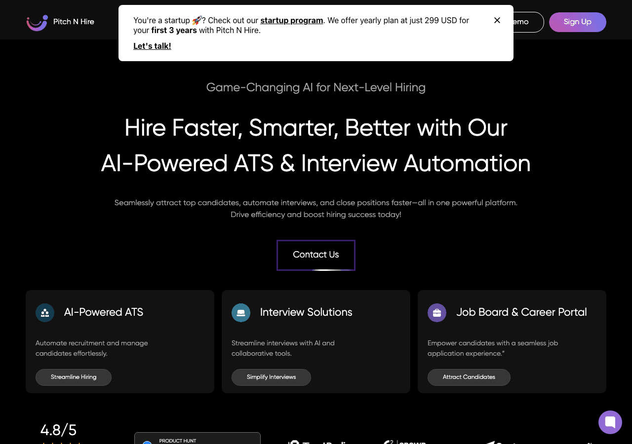Pitch N Hire Search & Discovery showing Search & Discovery - Streamline hiring with AI: faster recruitment, smarter interview
