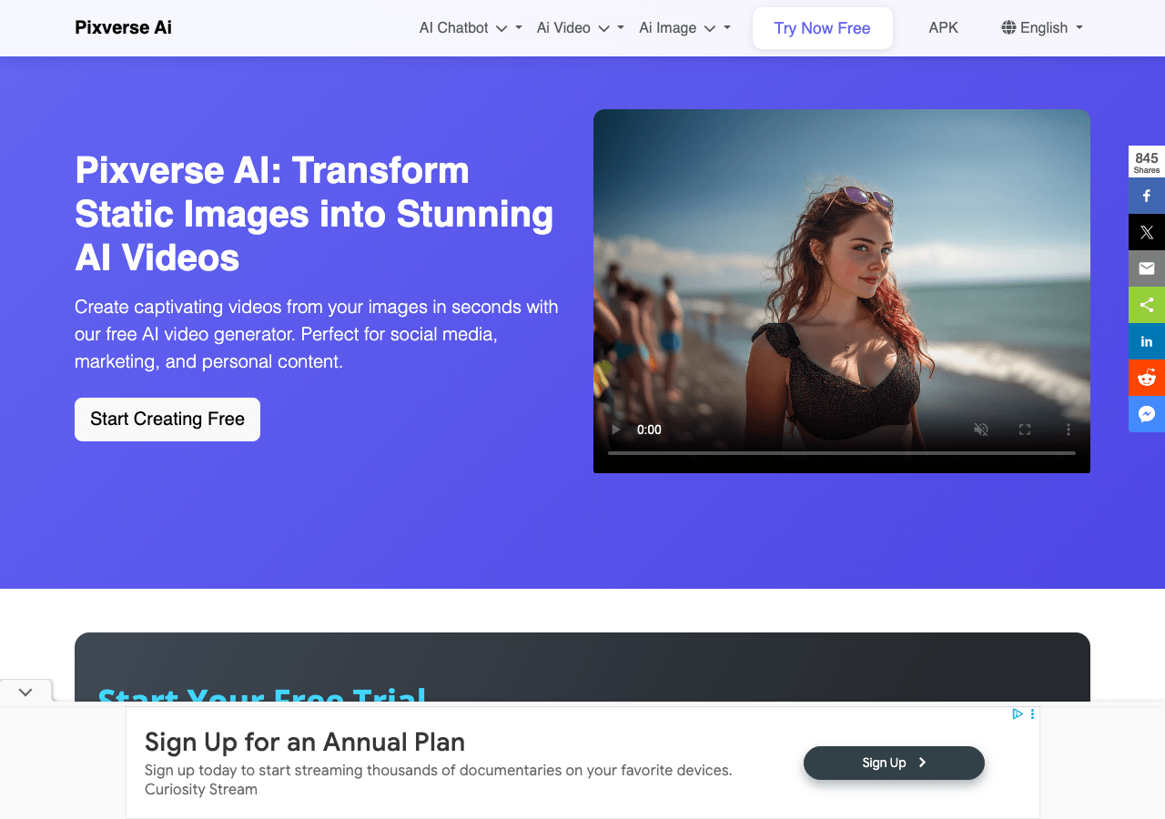 Pixverse AI Video Generation showing Video Generation - Transform text and images into stunning AI videos