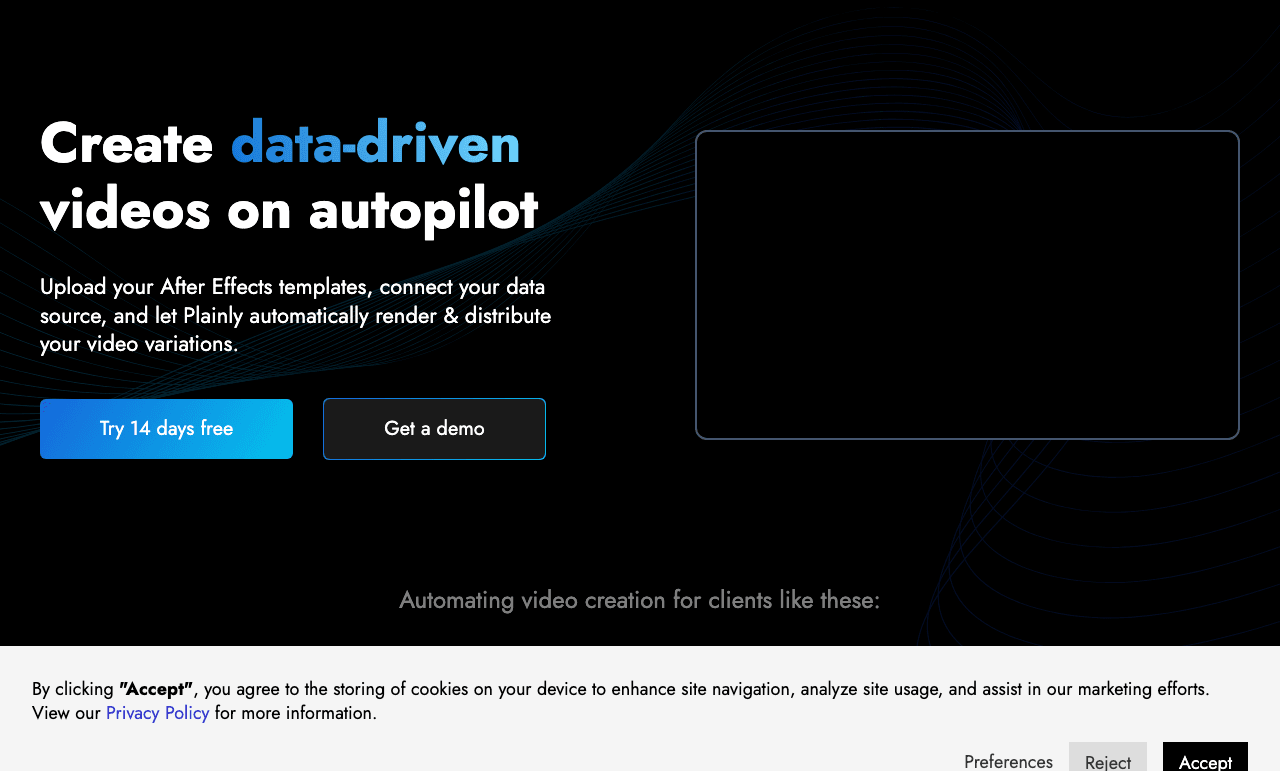 Plainly Video Generation showing Video Generation - Automate thousands of personalized videos from your data and After Effect